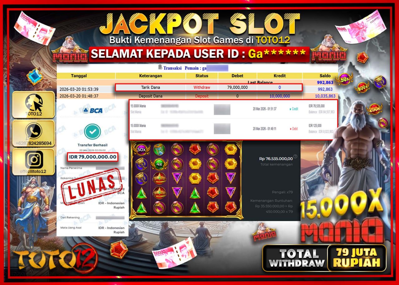 HANYA DI TOTO12 JP PASTI DI BAYAR LUNAS DAN CEPAT!!!!!! JACKPOT SLOT GAME (15.000XMANIA) Rp.79.000.000!!!!