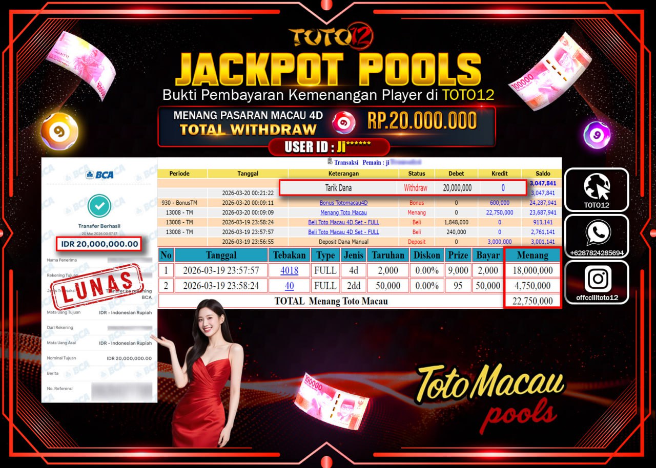 HANYA DI TOTO12 JP PASTI DI BAYAR LUNAS DAN CEPAT!!!!!! JACKPOT POOLS PASARAN (MACAU 4D) Rp.20.000.000!!!!