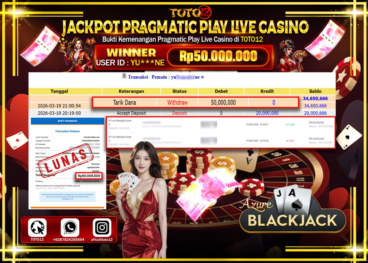 HANYA DI TOTO12 JP PASTI DI BAYAR LUNAS DAN CEPAT!!!!!! JACKPOT PRAGMATIC PLAY LIVE GAME CASINO (PP LIVE BLACKJACK AZURE G) Rp.50.000.000!!!!