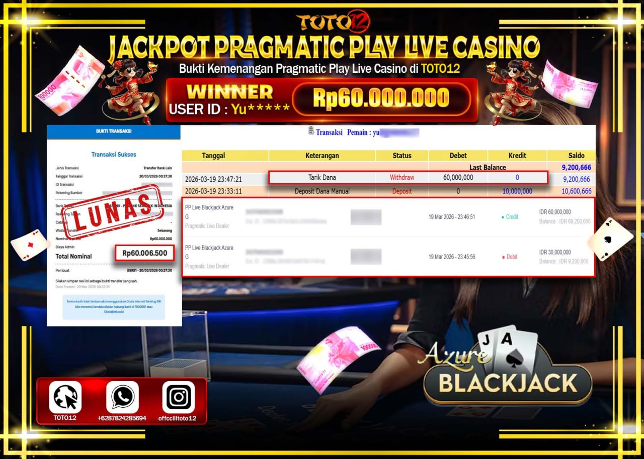 HANYA DI TOTO12 JP PASTI DI BAYAR LUNAS DAN CEPAT!!!!!! JACKPOT PRAGMATIC PLAY LIVE GAME CASINO (PP LIVE BLACKJACK AZURE G) Rp.60.000.000!!!!