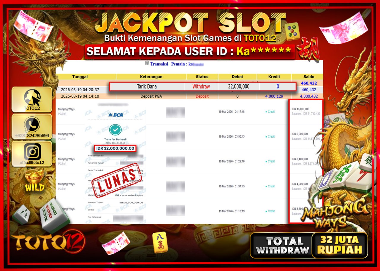 HANYA DI TOTO12 JP PASTI DI BAYAR LUNAS DAN CEPAT!!!!!! JACKPOT SLOT GAME (MAHJONG WAYS) Rp.32.000.000!!!!