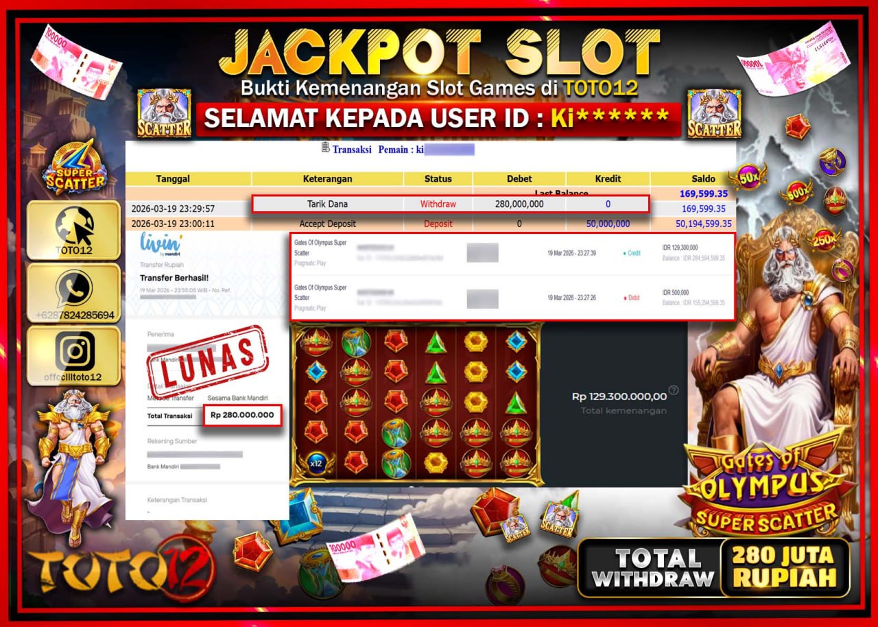 HANYA DI TOTO12 JP PASTI DI BAYAR LUNAS DAN CEPAT!!!!!! JACKPOT SLOT GAME (GATES OF OLYMPUS SUPER SCATTER) Rp.280.000.000!!!!