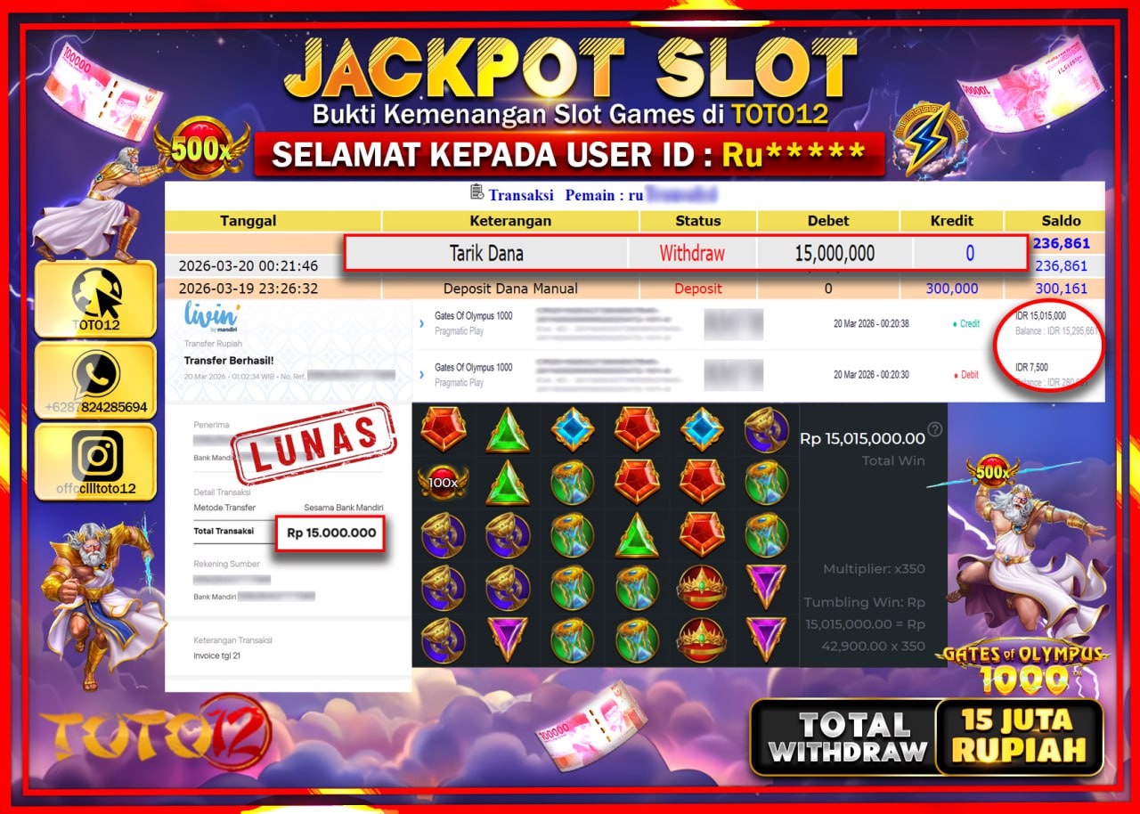 HANYA DI TOTO12 JP PASTI DI BAYAR LUNAS DAN CEPAT!!!!!! JACKPOT SLOT GAME (GATES OF OLYMPUS 1000) Rp.15.000.000!!!!