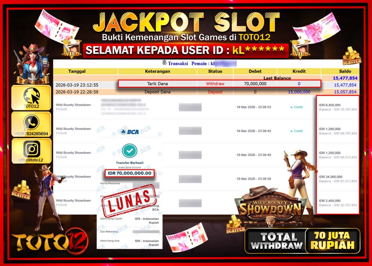 HANYA DI TOTO12 JP PASTI DI BAYAR LUNAS DAN CEPAT!!!!!! JACKPOT SLOT GAME (WILD BOUNTY SHOWDOWN) Rp.70.000.000!!!!