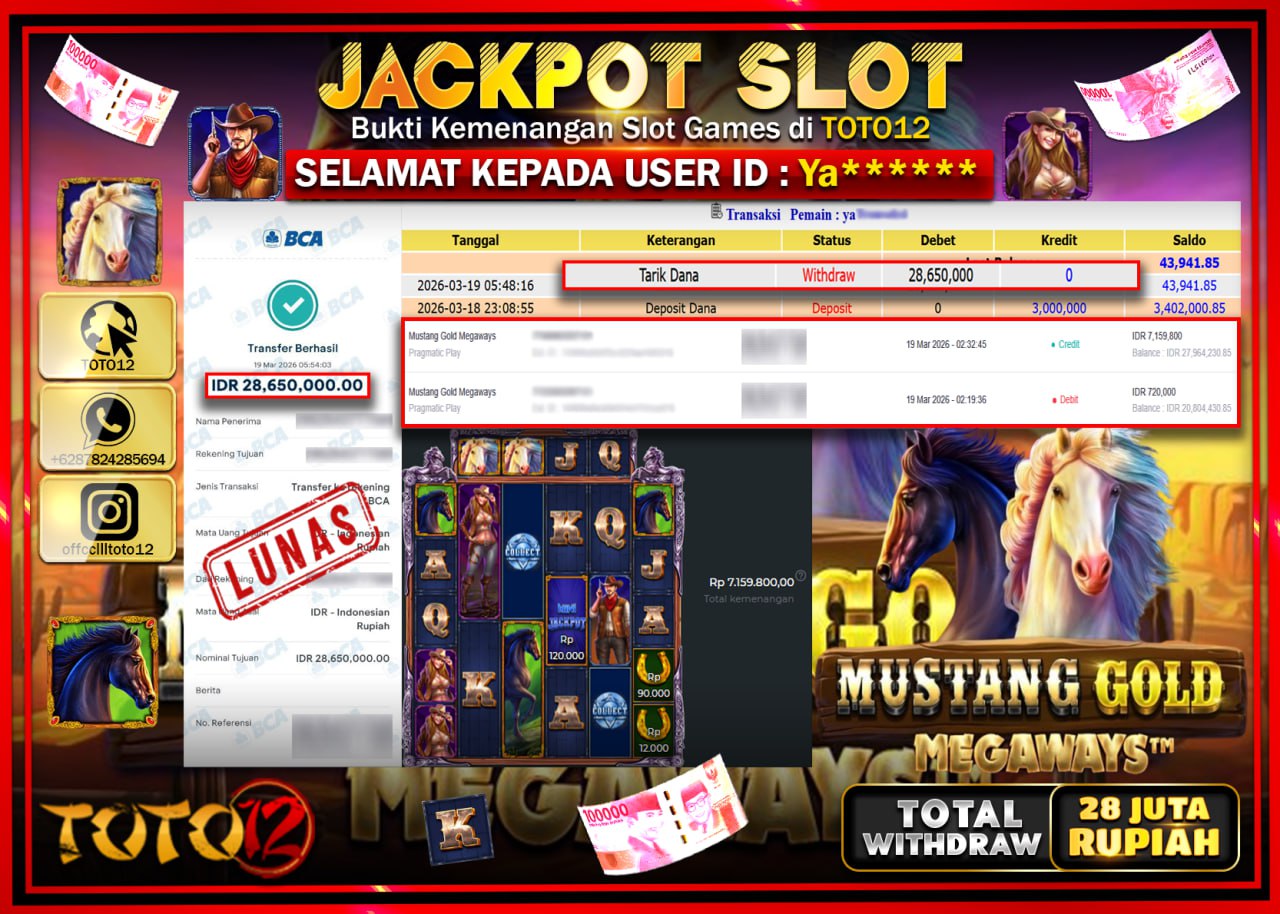 HANYA DI TOTO12 JP PASTI DI BAYAR LUNAS DAN CEPAT!!!!!! JACKPOT SLOT GAME (MUSTANG GOLD MEGAWAYS) Rp.28.650.000!!!!