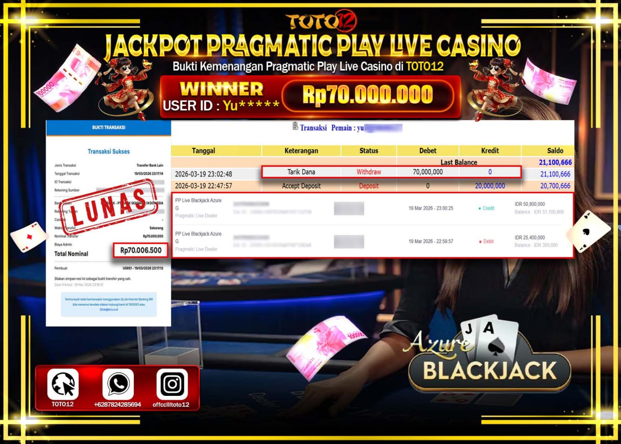 HANYA DI TOTO12 JP PASTI DI BAYAR LUNAS DAN CEPAT!!!!!! JACKPOT PRAGMATIC PLAY LIVE GAME CASINO (PP LIVE BLACKJACK AZURE G) Rp.70.000.000!!!!