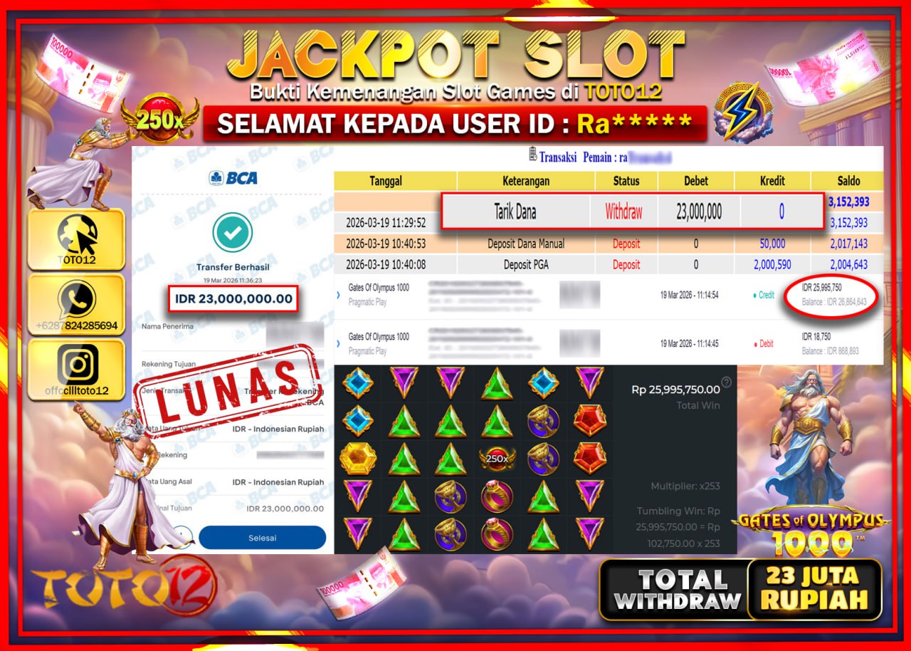 HANYA DI TOTO12 JP PASTI DI BAYAR LUNAS DAN CEPAT!!!!!! JACKPOT SLOT GAME (GATES OF OLYMPUS 1000) Rp.23.000.000!!!!