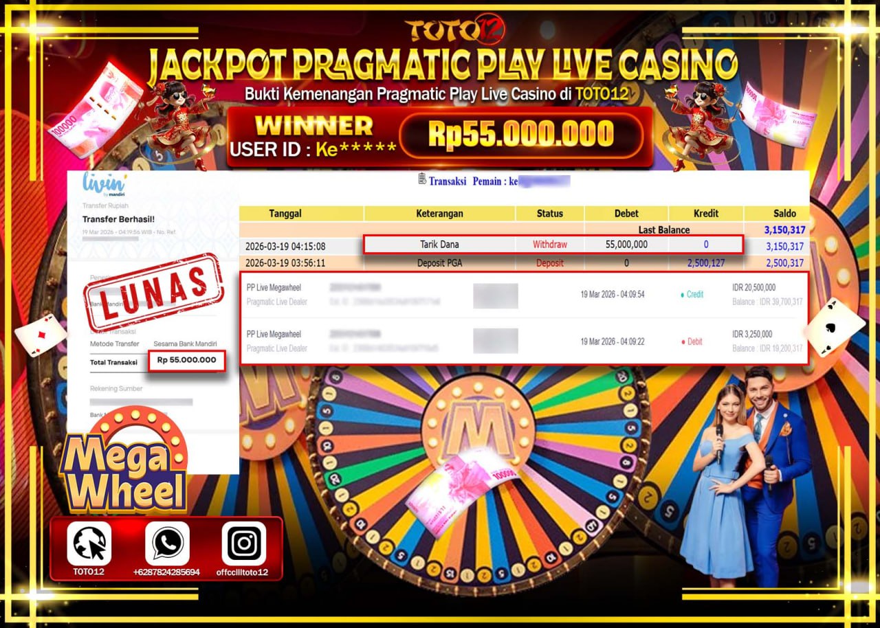 HANYA DI TOTO12 JP PASTI DI BAYAR LUNAS DAN CEPAT!!!!!! JACKPOT PRAGMATIC PLAY LIVE GAME CASINO (PP LIVE MEGA WHEEL) Rp.55.000.000!!!!