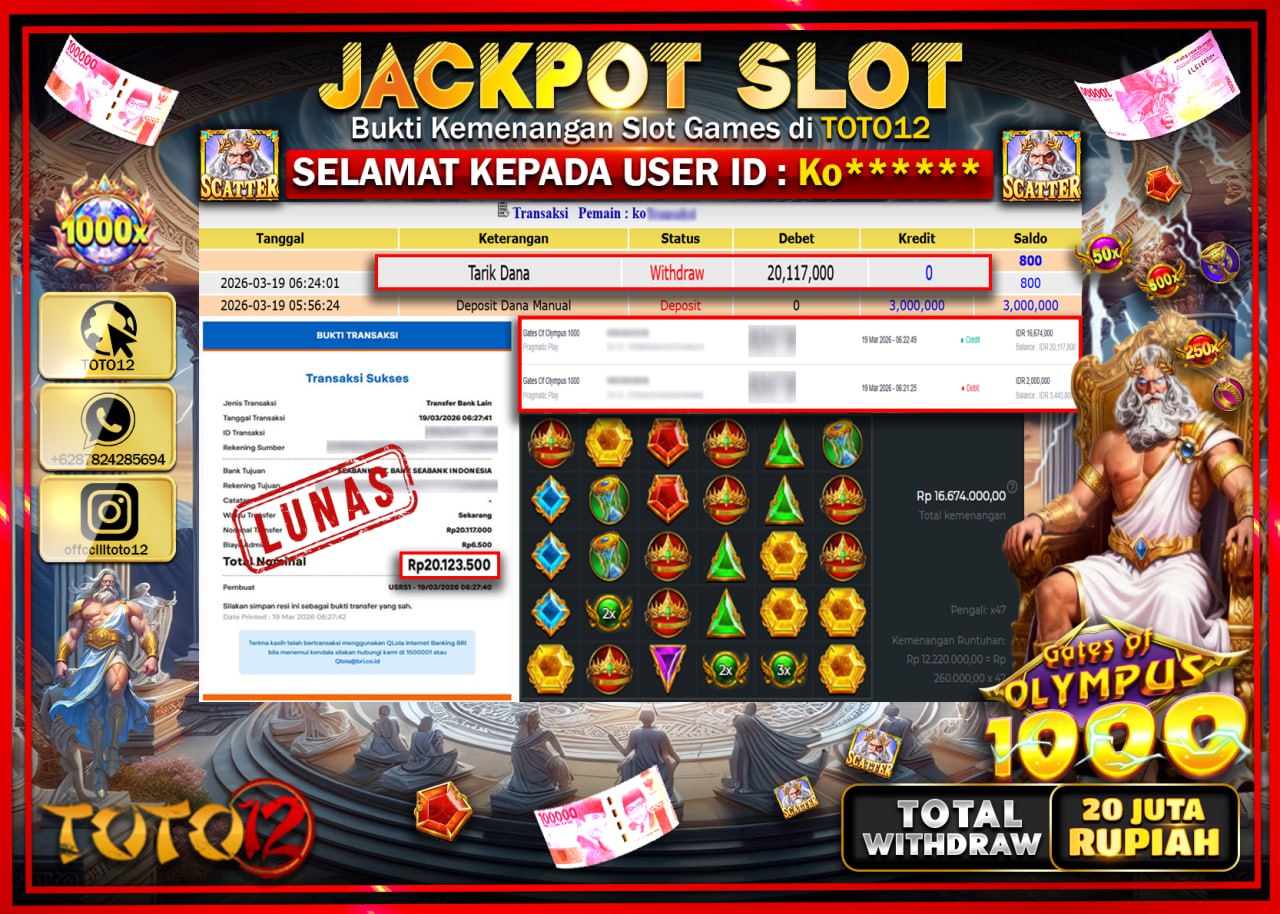 HANYA DI TOTO12 JP PASTI DI BAYAR LUNAS DAN CEPAT!!!!!! JACKPOT SLOT GAME (GATES OF OLYMPUS 1000) Rp.20.117.000!!!!