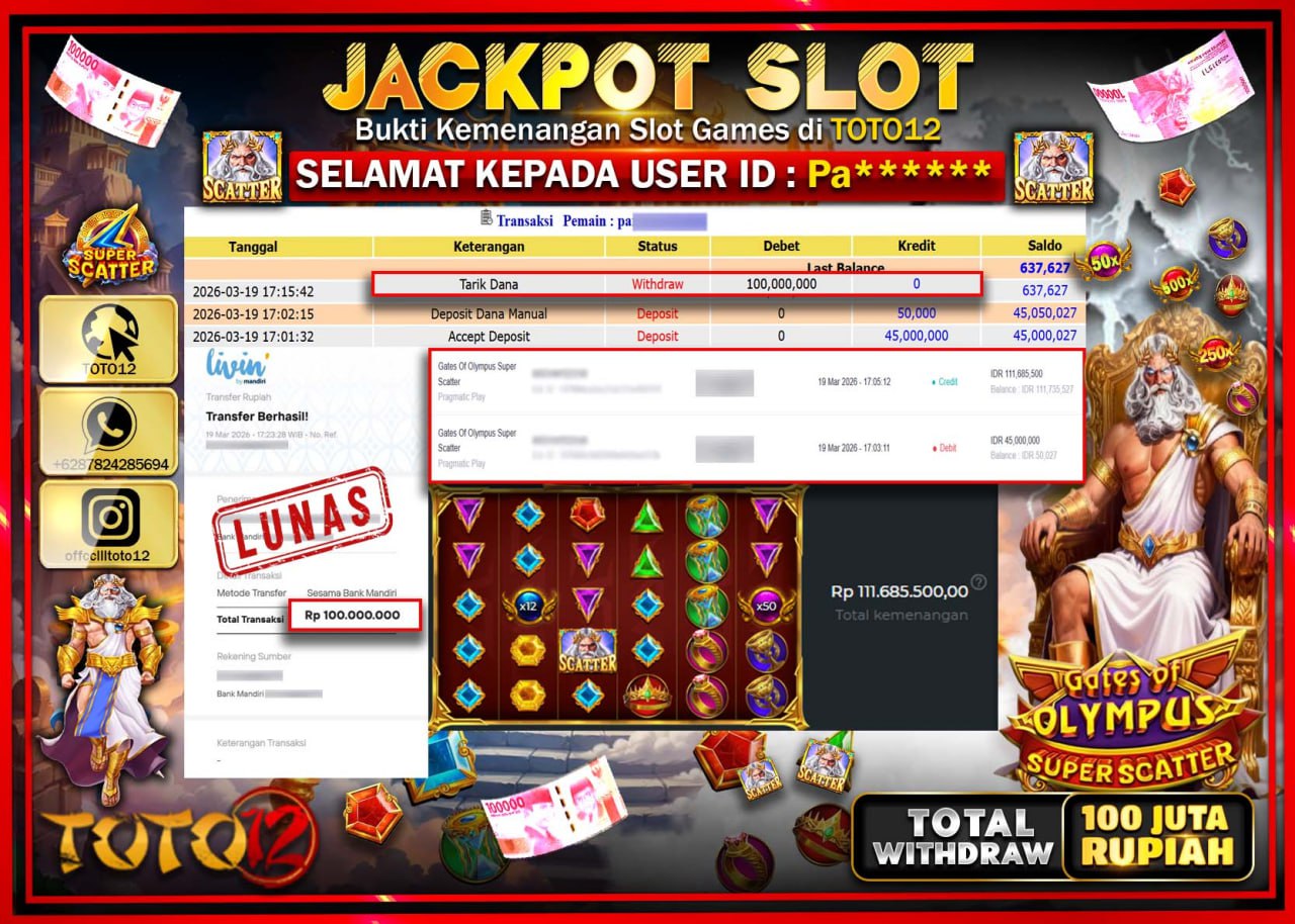 HANYA DI TOTO12 JP PASTI DI BAYAR LUNAS DAN CEPAT!!!!!! JACKPOT SLOT GAME (GATES OF OLYMPUS SUPER SCATTER) Rp.100.000.000!!!!
