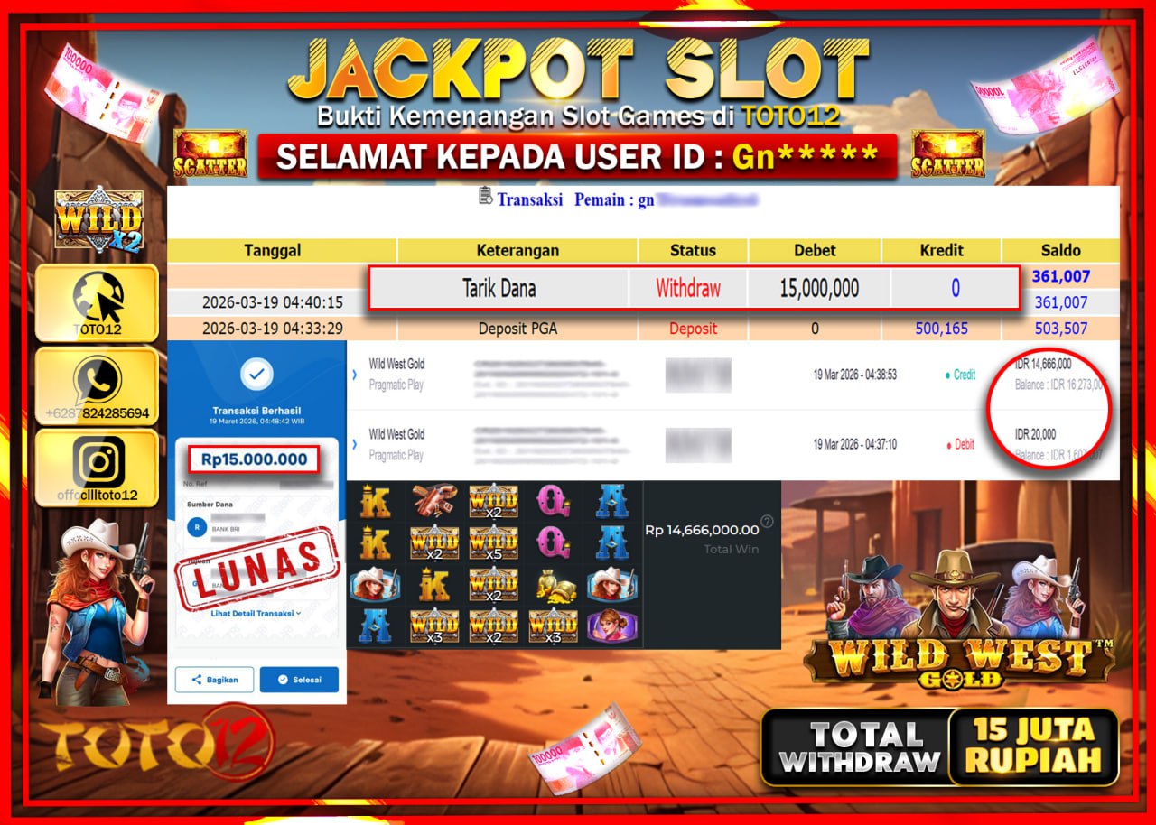 HANYA DI TOTO12 JP PASTI DI BAYAR LUNAS DAN CEPAT!!!!!! JACKPOT SLOT GAME (WILD WEST GOLD) Rp.15.000.000!!!!
