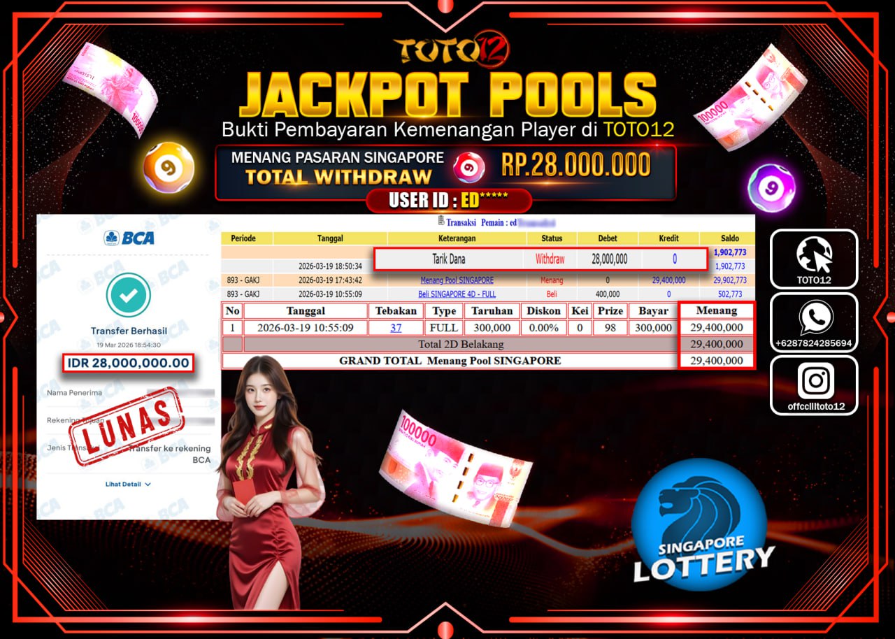 HANYA DI TOTO12 JP PASTI DI BAYAR LUNAS DAN CEPAT!!!!!! JACKPOT POOLS PASARAN (SINGAPORE) Rp.28.000.000!!!!