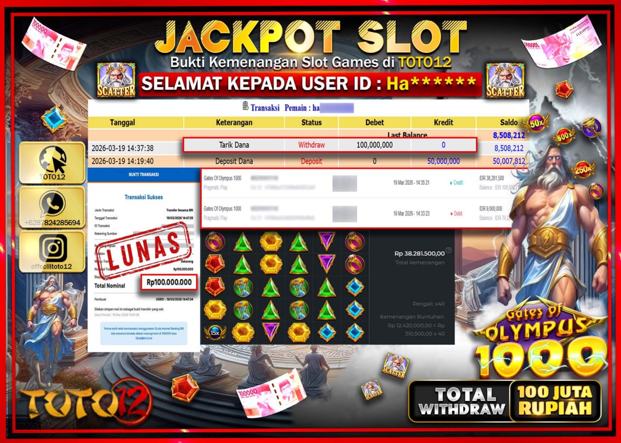 HANYA DI TOTO12 JP PASTI DI BAYAR LUNAS DAN CEPAT!!!!!! JACKPOT SLOT GAME (GATES OF OLYMPUS 1000) Rp.100.000.000!!!!