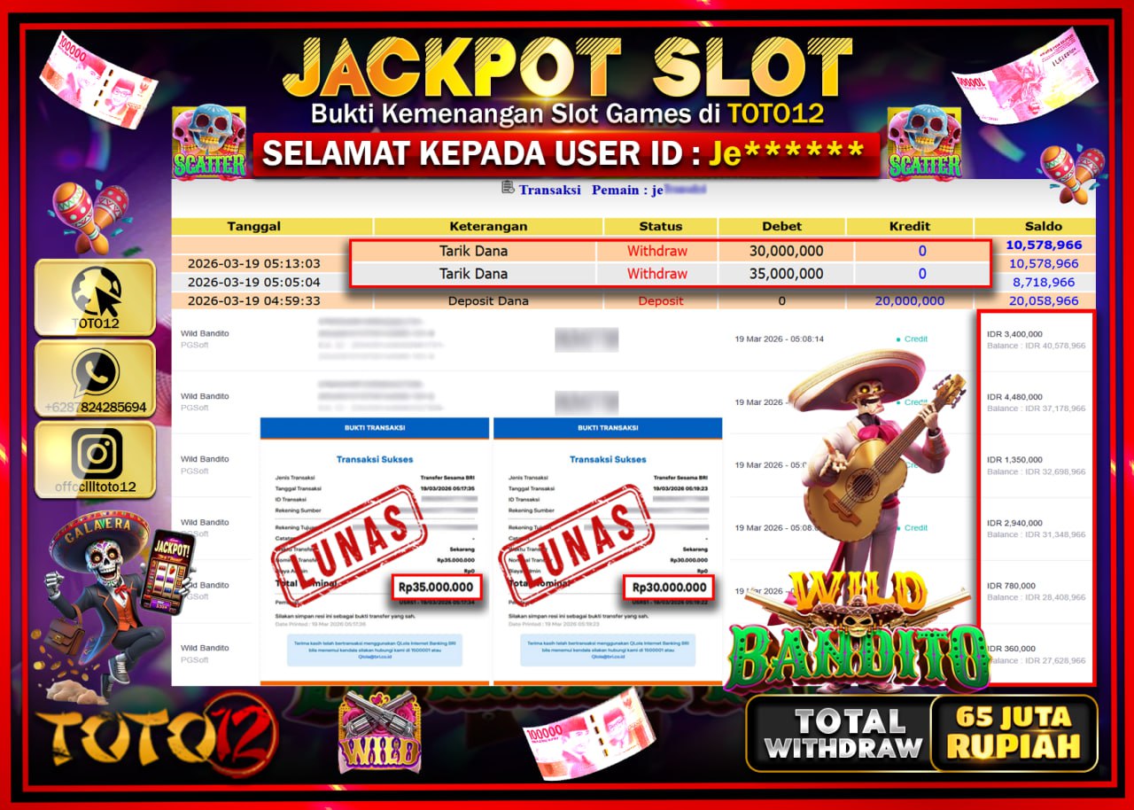 HANYA DI TOTO12 JP PASTI DI BAYAR LUNAS DAN CEPAT!!!!!! JACKPOT SLOT GAME (WILD BANDITO) Rp.65.000.000!!!!