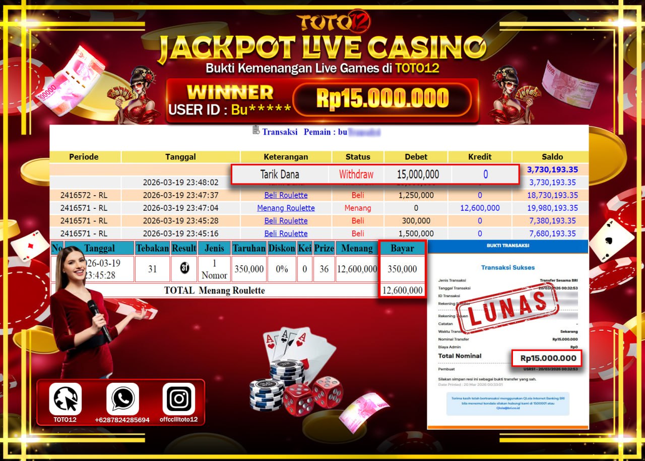 HANYA DI TOTO12 JP PASTI DI BAYAR LUNAS DAN CEPAT!!!!!! JACKPOT LIVE GAMES CASINO (ROULETTE) Rp.15.000.000!!!!