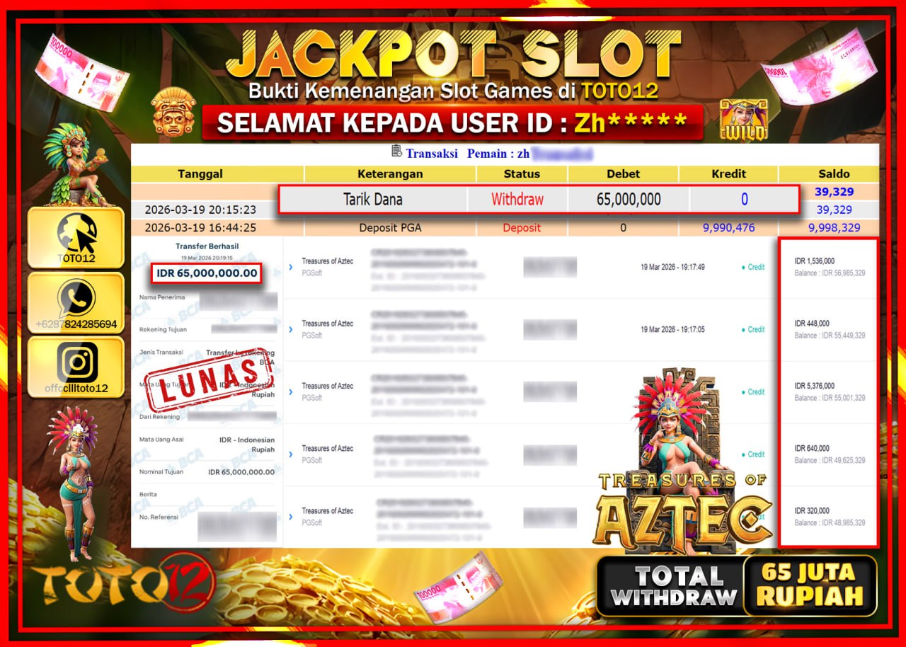 HANYA DI TOTO12 JP PASTI DI BAYAR LUNAS DAN CEPAT!!!!!! JACKPOT SLOT GAME (TREASURES OF AZTEC) Rp.65.000.000!!!!