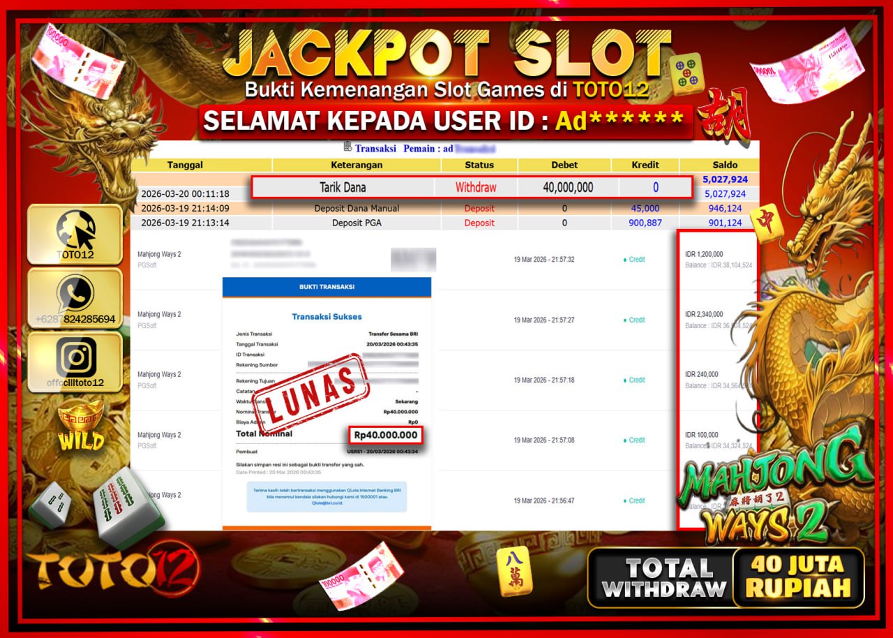 HANYA DI TOTO12 JP PASTI DI BAYAR LUNAS DAN CEPAT!!!!!! JACKPOT SLOT GAME (MAHJONG WAYS 2) Rp.40.000.000!!!!