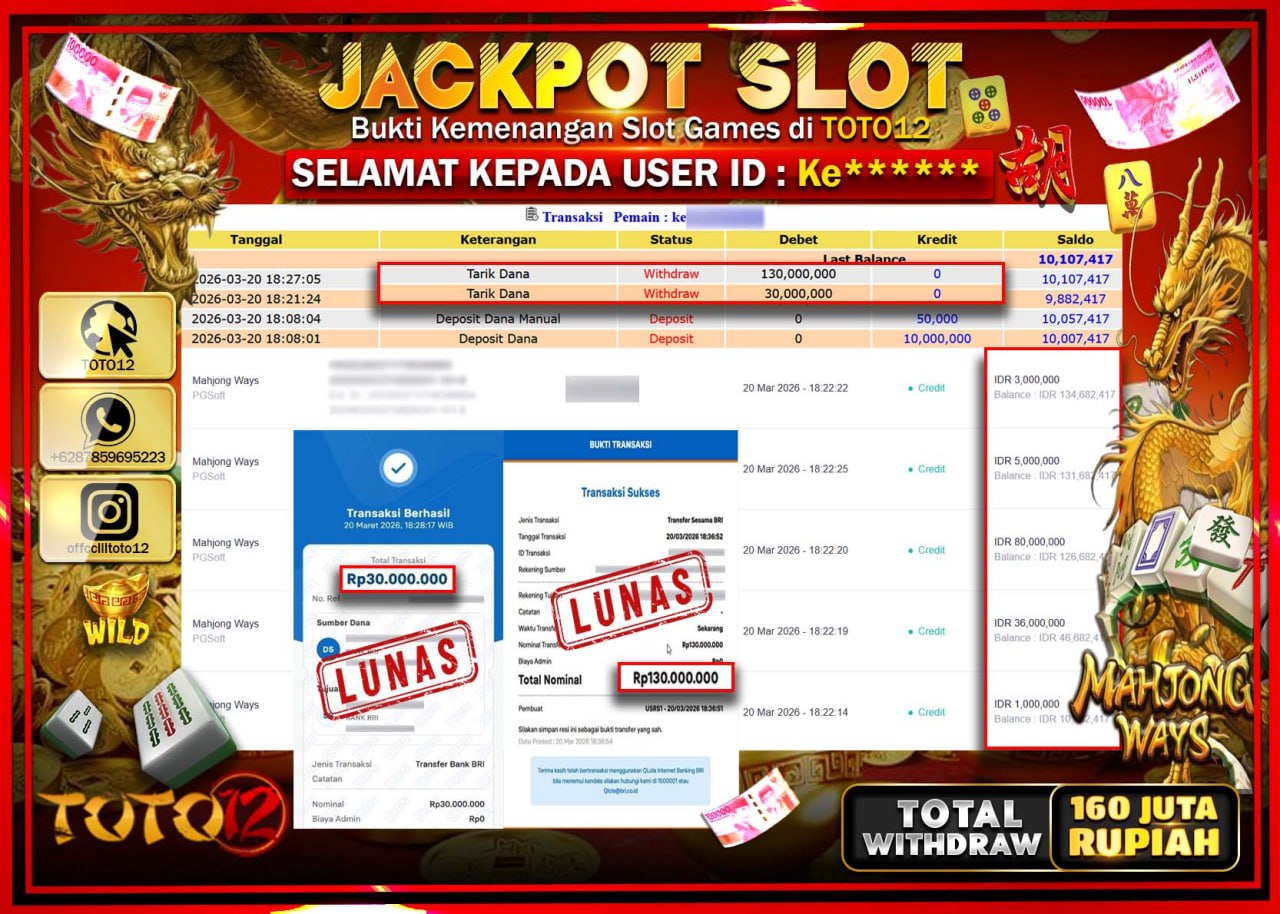 HANYA DI TOTO12 JP PASTI DI BAYAR LUNAS DAN CEPAT!!!!!! JACKPOT SLOT GAME (MAHJONG WAYS) Rp.160.000.000!!!!