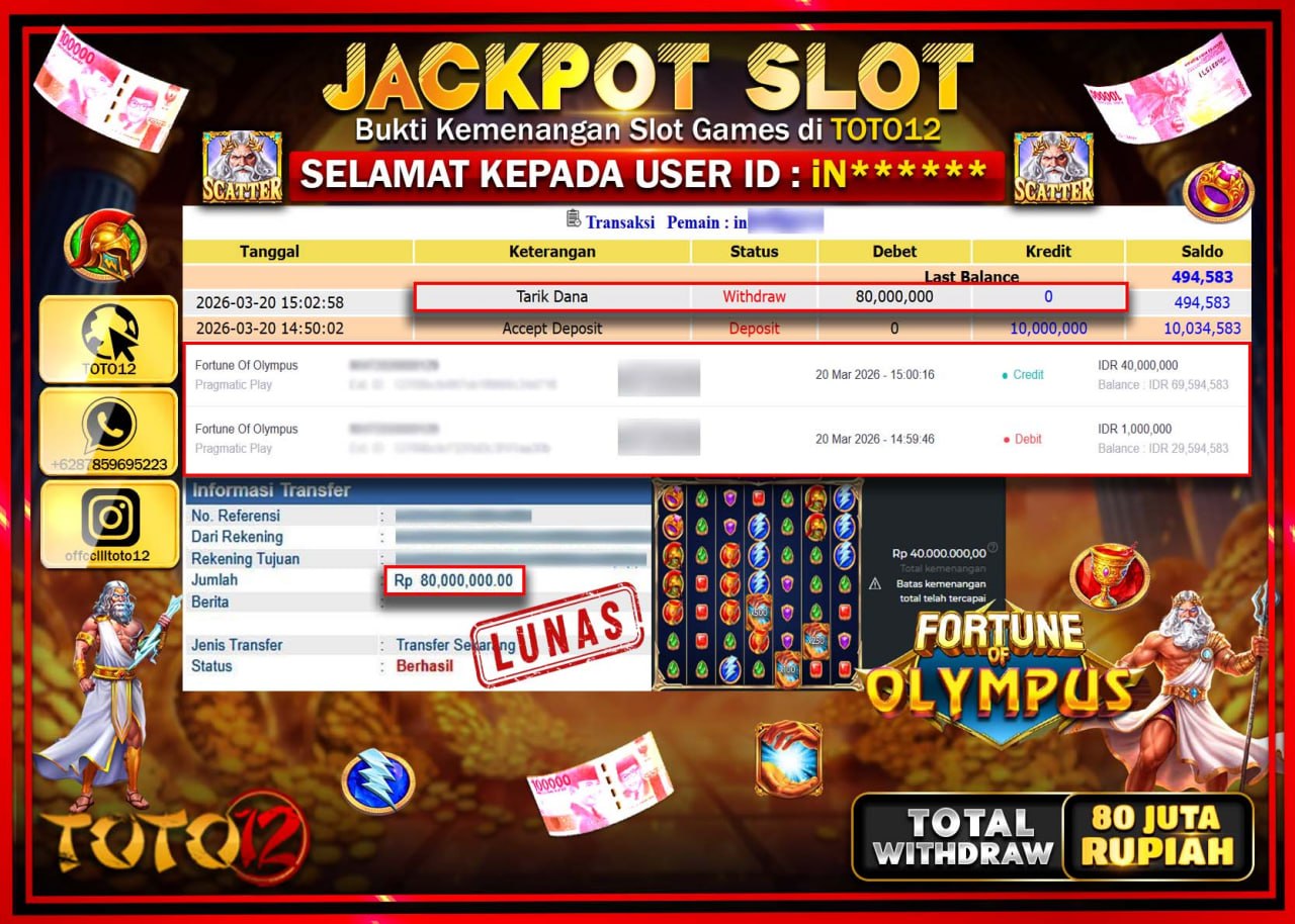 HANYA DI TOTO12 JP PASTI DI BAYAR LUNAS DAN CEPAT!!!!!! JACKPOT SLOT GAME (FORTUNE OF OLYMPUS) Rp.80.000.000!!!!