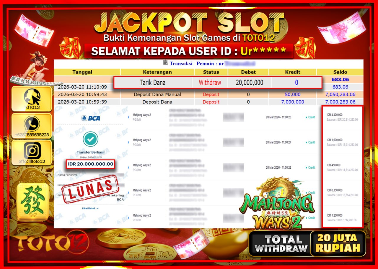HANYA DI TOTO12 JP PASTI DI BAYAR LUNAS DAN CEPAT!!!!!! JACKPOT SLOT GAME (MAHJONG WAYS 2) Rp.20.000.000!!!!