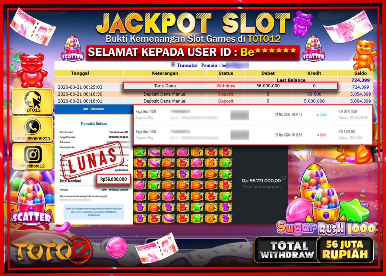 HANYA DI TOTO12 JP PASTI DI BAYAR LUNAS DAN CEPAT!!!!!! JACKPOT SLOT GAME (SUGAR RUSH 1000) Rp.56.000.000!!!!