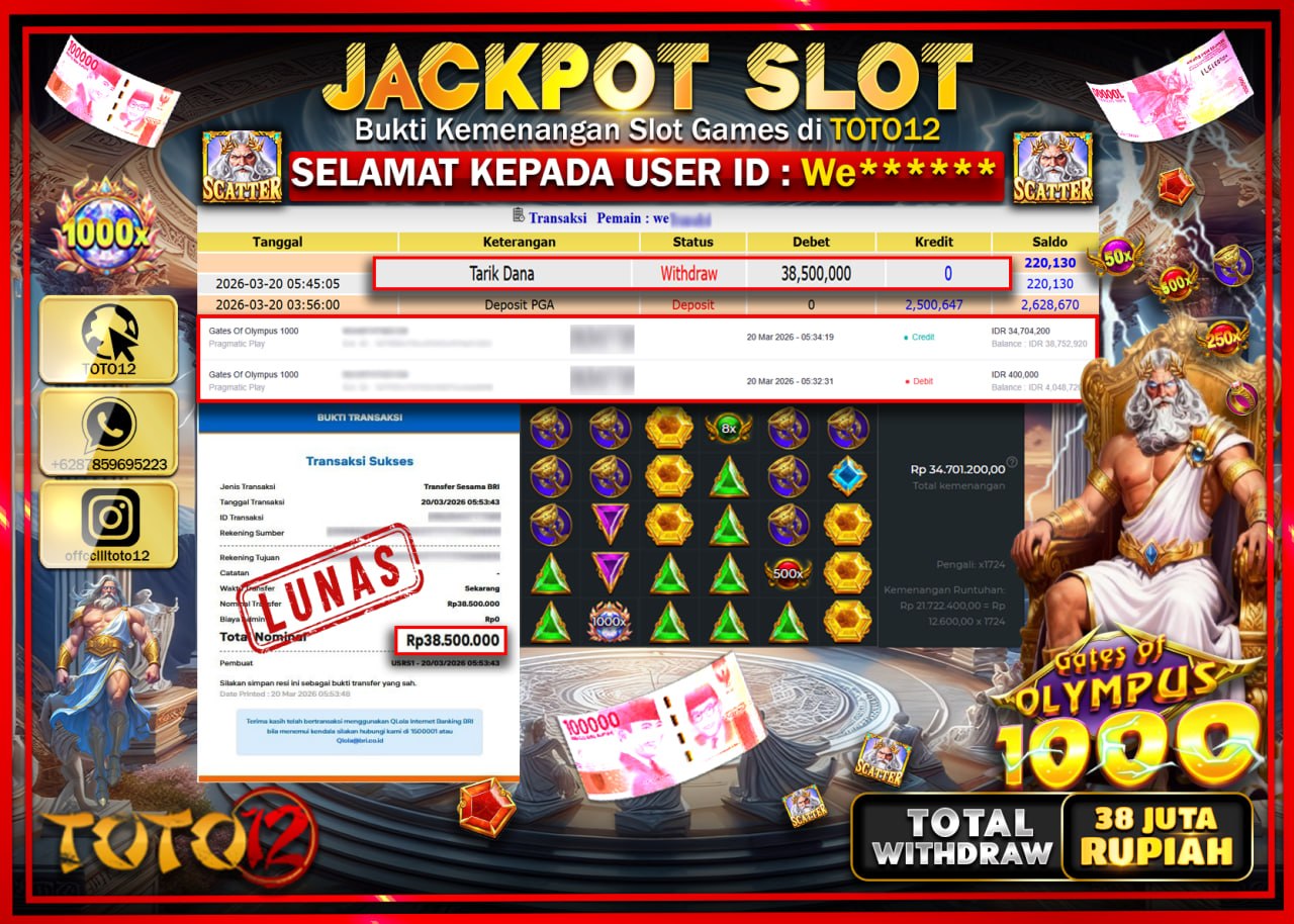 HANYA DI TOTO12 JP PASTI DI BAYAR LUNAS DAN CEPAT!!!!!! JACKPOT SLOT GAME (GATES OF OLYMPUS 1000) Rp.38.500.000!!!!