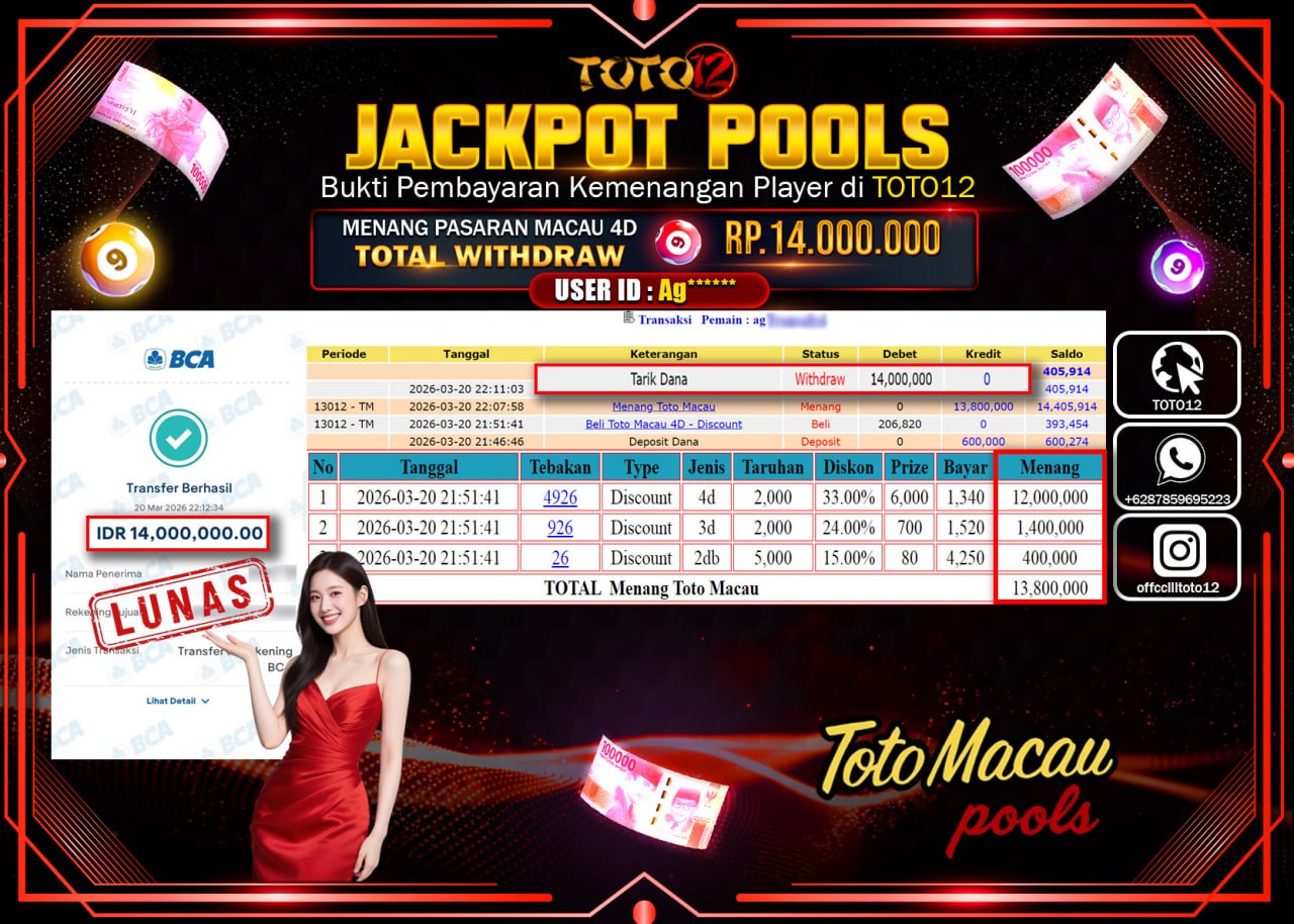 HANYA DI TOTO12 JP PASTI DI BAYAR LUNAS DAN CEPAT!!!!!! JACKPOT POOLS PASARAN (MACAU 4D) Rp.14.000.000!!!!