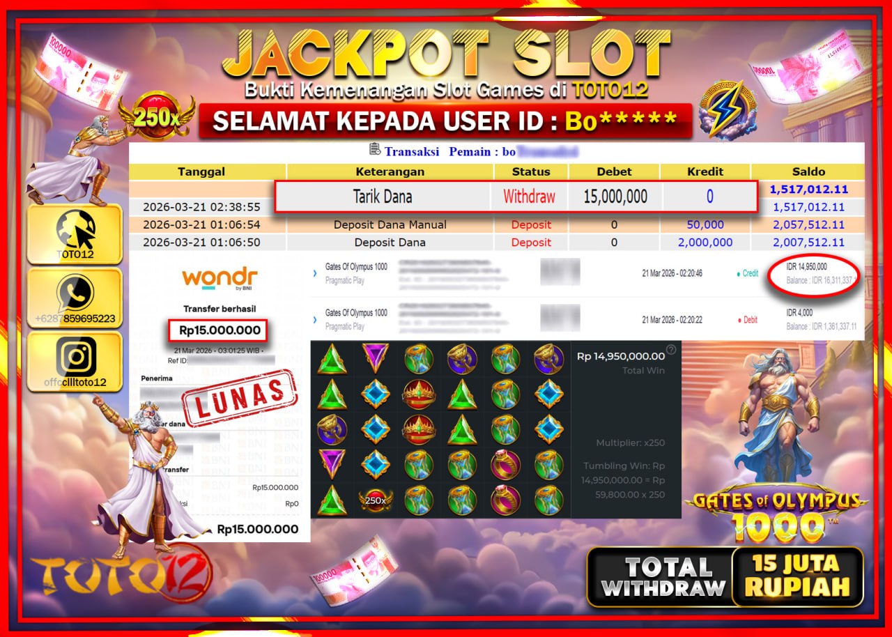 HANYA DI TOTO12 JP PASTI DI BAYAR LUNAS DAN CEPAT!!!!!! JACKPOT SLOT GAME (GATES OF OLYMPUS 1000) Rp.15.000.000!!!!