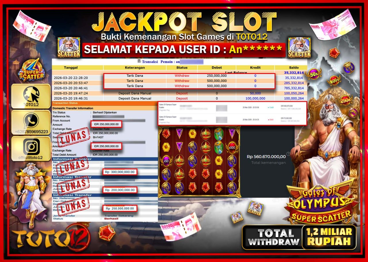 HANYA DI TOTO12 JP PASTI DI BAYAR LUNAS DAN CEPAT!!!!!! JACKPOT SLOT GAME (GATES OF OLYMPUS SUPER SCATTER) Rp.1.250.000.000!!!!