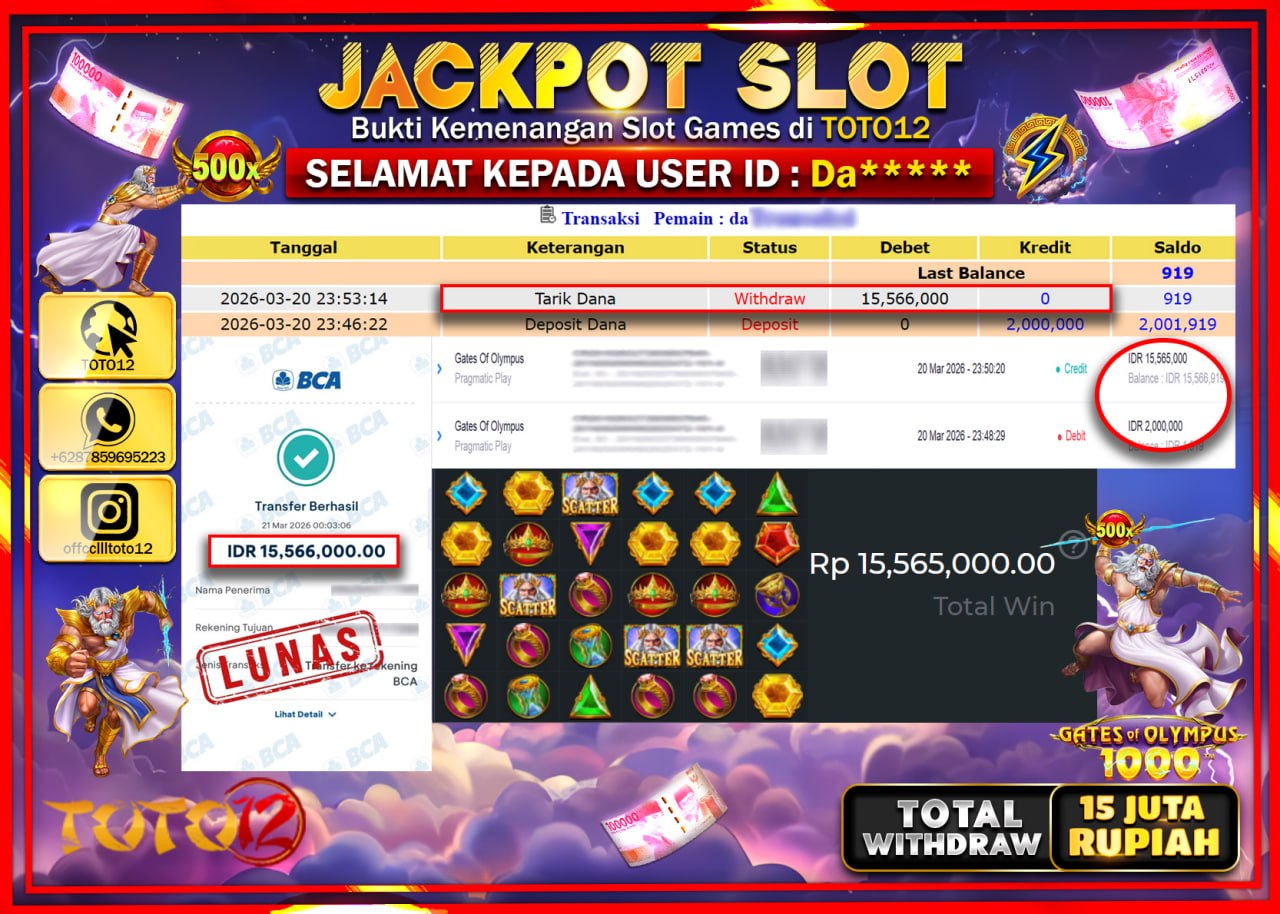 HANYA DI TOTO12 JP PASTI DI BAYAR LUNAS DAN CEPAT!!!!!! JACKPOT SLOT GAME (GATES OF OLYMPUS 1000) Rp.15.556.000!!!!
