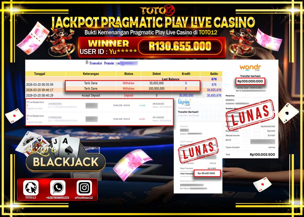 HANYA DI TOTO12 JP PASTI DI BAYAR LUNAS DAN CEPAT!!!!!! JACKPOT PRAGMATIC PLAY LIVE GAME CASINO (PP LIVE BLACKJACK AZURE) Rp.130.655.000!!!!