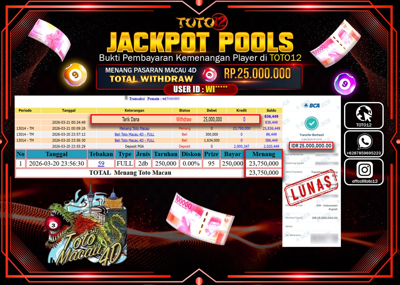 HANYA DI TOTO12 JP PASTI DI BAYAR LUNAS DAN CEPAT!!!!!! JACKPOT POOLS PASARAN (MACAU 4D) Rp.25.000.000!!!!