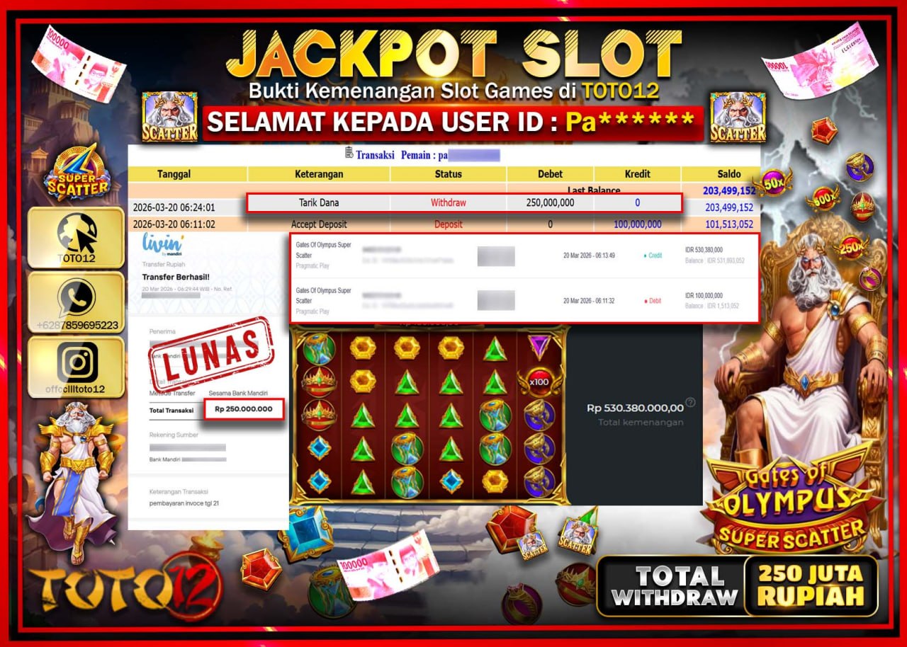 HANYA DI TOTO12 JP PASTI DI BAYAR LUNAS DAN CEPAT!!!!!! JACKPOT SLOT GAME (GATES OF OLYMPUS SUPER SCATTER) Rp.250.000.000!!!!