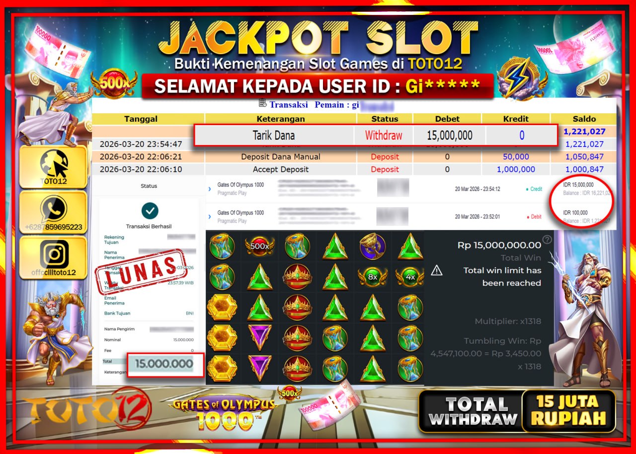 HANYA DI TOTO12 JP PASTI DI BAYAR LUNAS DAN CEPAT!!!!!! JACKPOT SLOT GAME (GATES OF OLYMPUS 1000) Rp.15.000.000!!!!