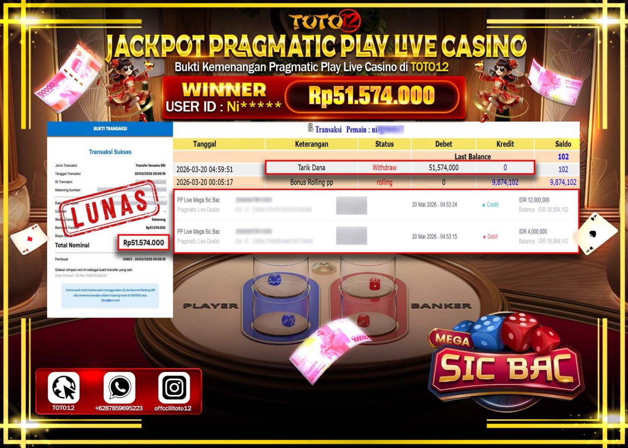 HANYA DI TOTO12 JP PASTI DI BAYAR LUNAS DAN CEPAT!!!!!! JACKPOT PRAGMATIC PLAY LIVE GAME CASINO (PP LIVE MEGA SIC BAC) Rp.51.574.000!!!!