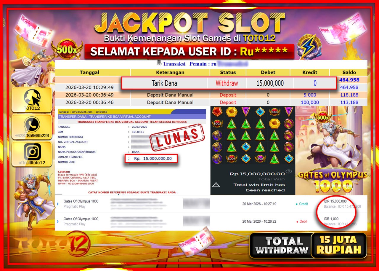 HANYA DI TOTO12 JP PASTI DI BAYAR LUNAS DAN CEPAT!!!!!! JACKPOT SLOT GAME (GATES OF OLYMPUS 1000) Rp.15.000.000!!!!
