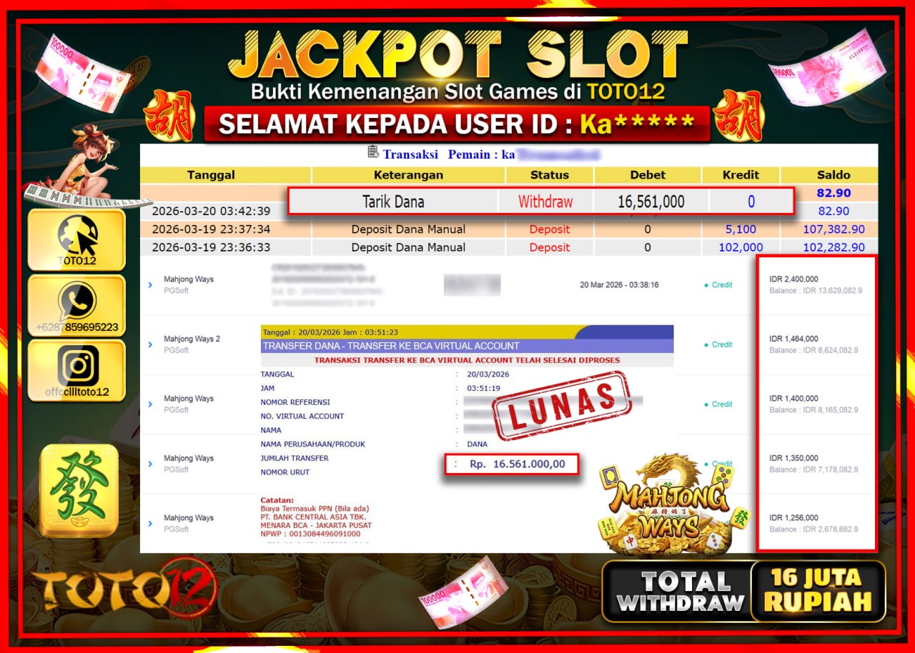 HANYA DI TOTO12 JP PASTI DI BAYAR LUNAS DAN CEPAT!!!!!! JACKPOT SLOT GAME (MAHJONG WAYS) Rp.16.561.000!!!!