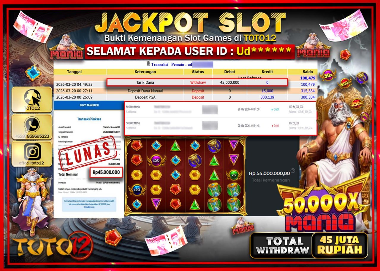 HANYA DI TOTO12 JP PASTI DI BAYAR LUNAS DAN CEPAT!!!!!! JACKPOT SLOT GAME (50.000 X MANIA) Rp.45.000.000!!!!