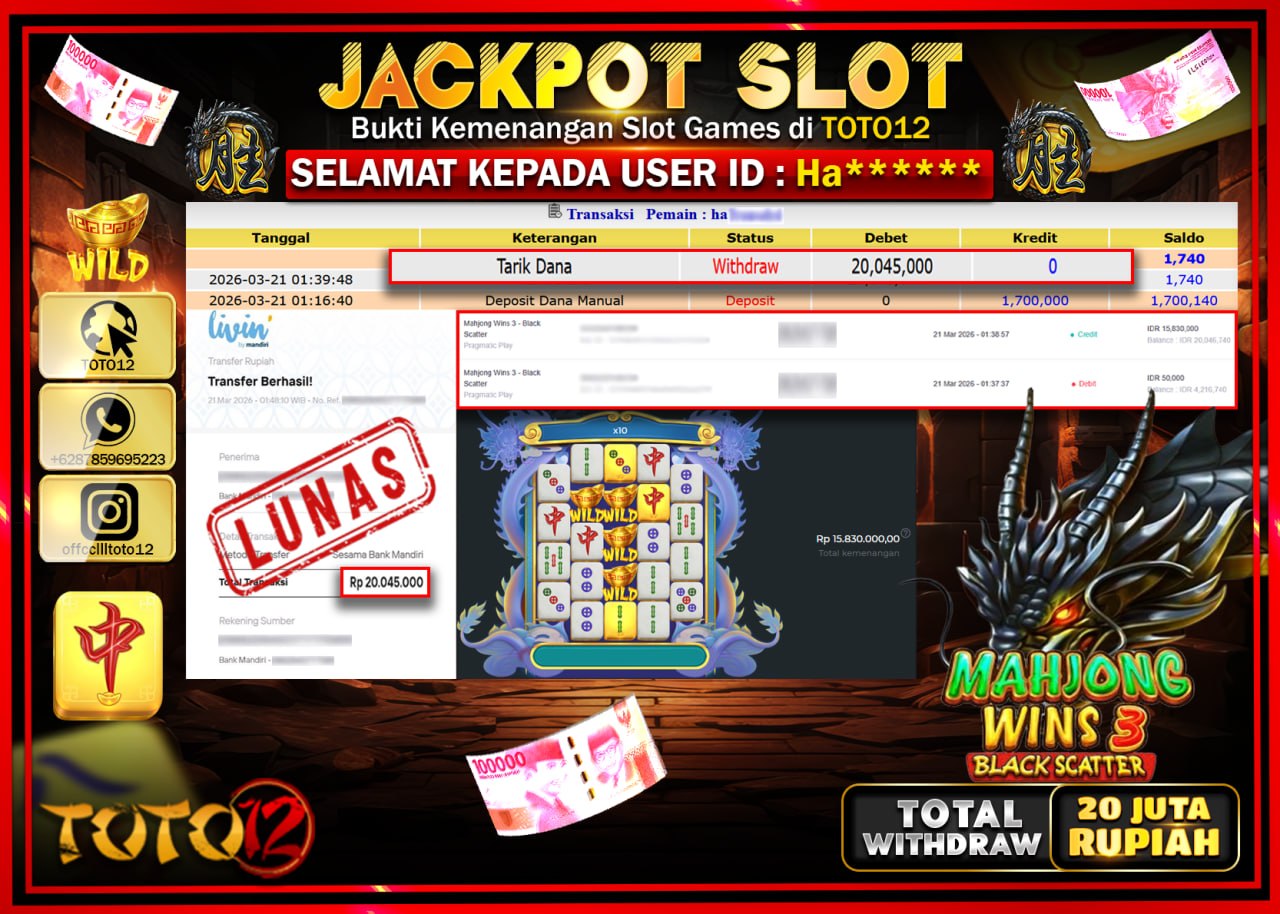 HANYA DI TOTO12 JP PASTI DI BAYAR LUNAS DAN CEPAT!!!!!! JACKPOT SLOT GAME (MAHJONG WINS 3 BLACK SCATTER) Rp.20.045.000!!!!