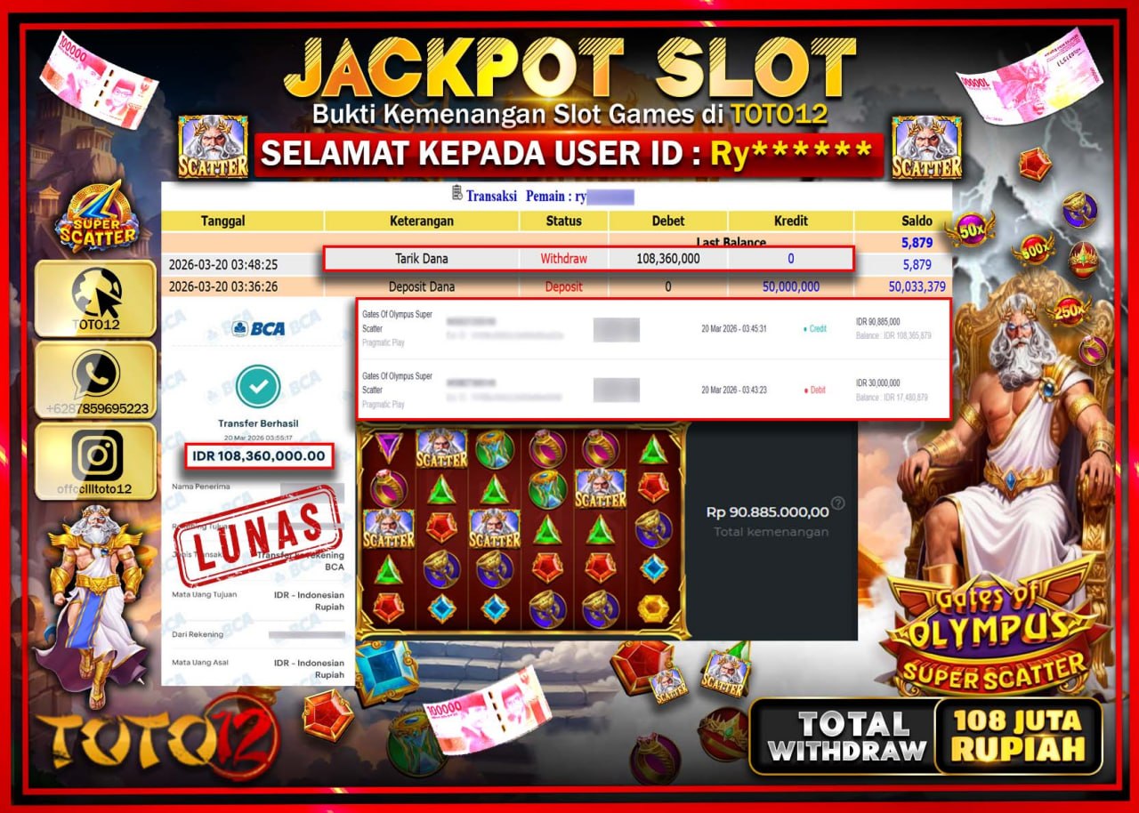 HANYA DI TOTO12 JP PASTI DI BAYAR LUNAS DAN CEPAT!!!!!! JACKPOT SLOT GAME (GATES OF OLYMPUS SUPER SCATTER) Rp.108.360.000!!!!