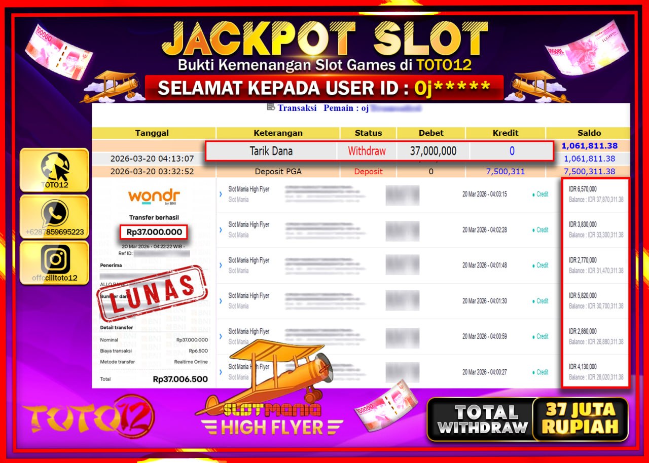 HANYA DI TOTO12 JP PASTI DI BAYAR LUNAS DAN CEPAT!!!!!! JACKPOT SLOT GAME (SLOT MANIA HIGH FLYER) Rp.37.000.000!!!!