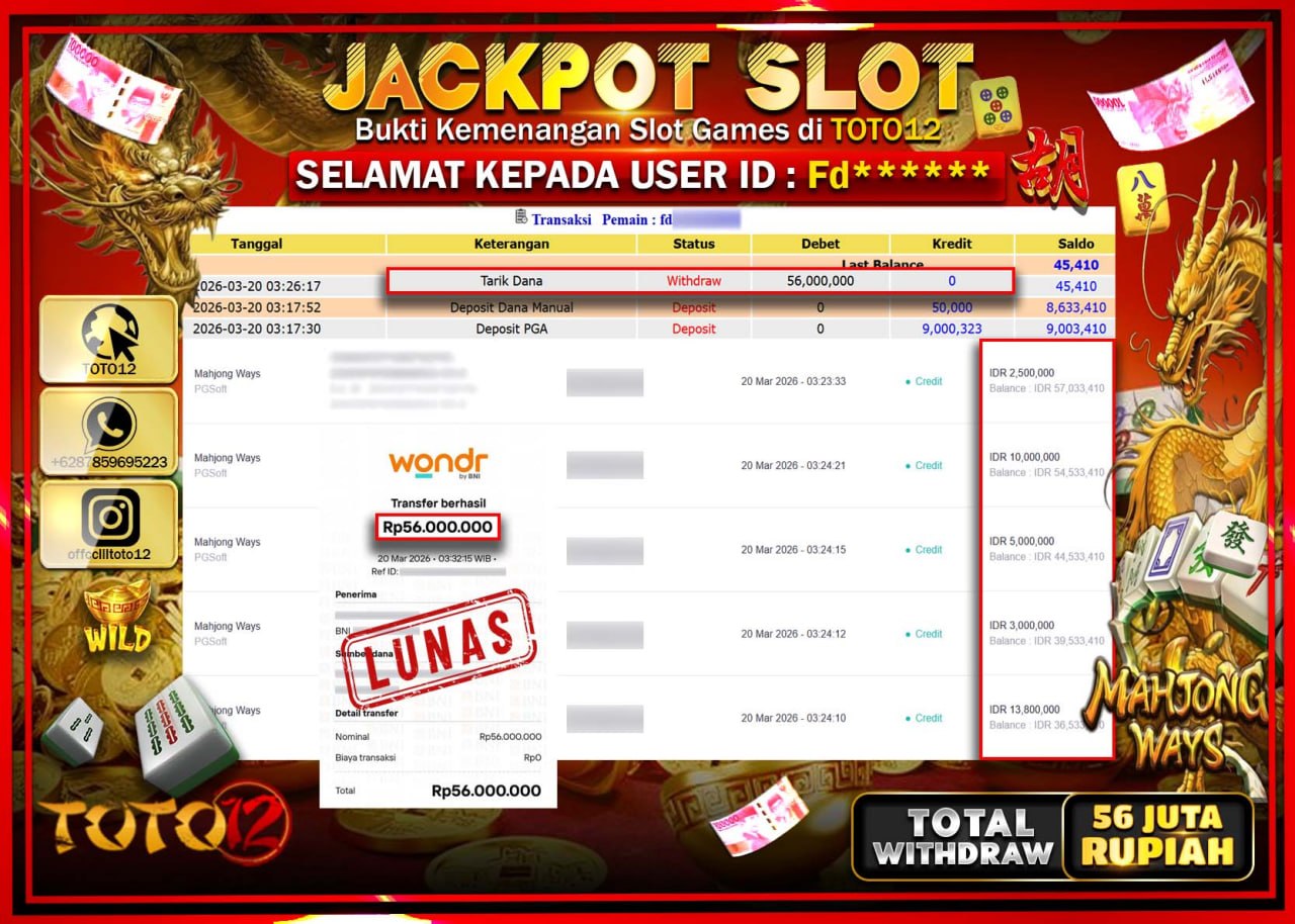 HANYA DI TOTO12 JP PASTI DI BAYAR LUNAS DAN CEPAT!!!!!! JACKPOT SLOT GAME (MAHJONG WAYS) Rp.56.000.000!!!!