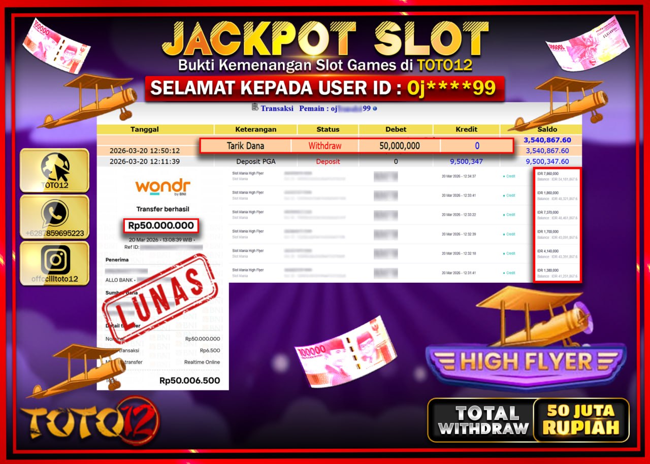 HANYA DI TOTO12 JP PASTI DI BAYAR LUNAS DAN CEPAT!!!!!! JACKPOT SLOT GAME (SLOT MANIA HIGH FLAYER) Rp.50.000.000!!!!