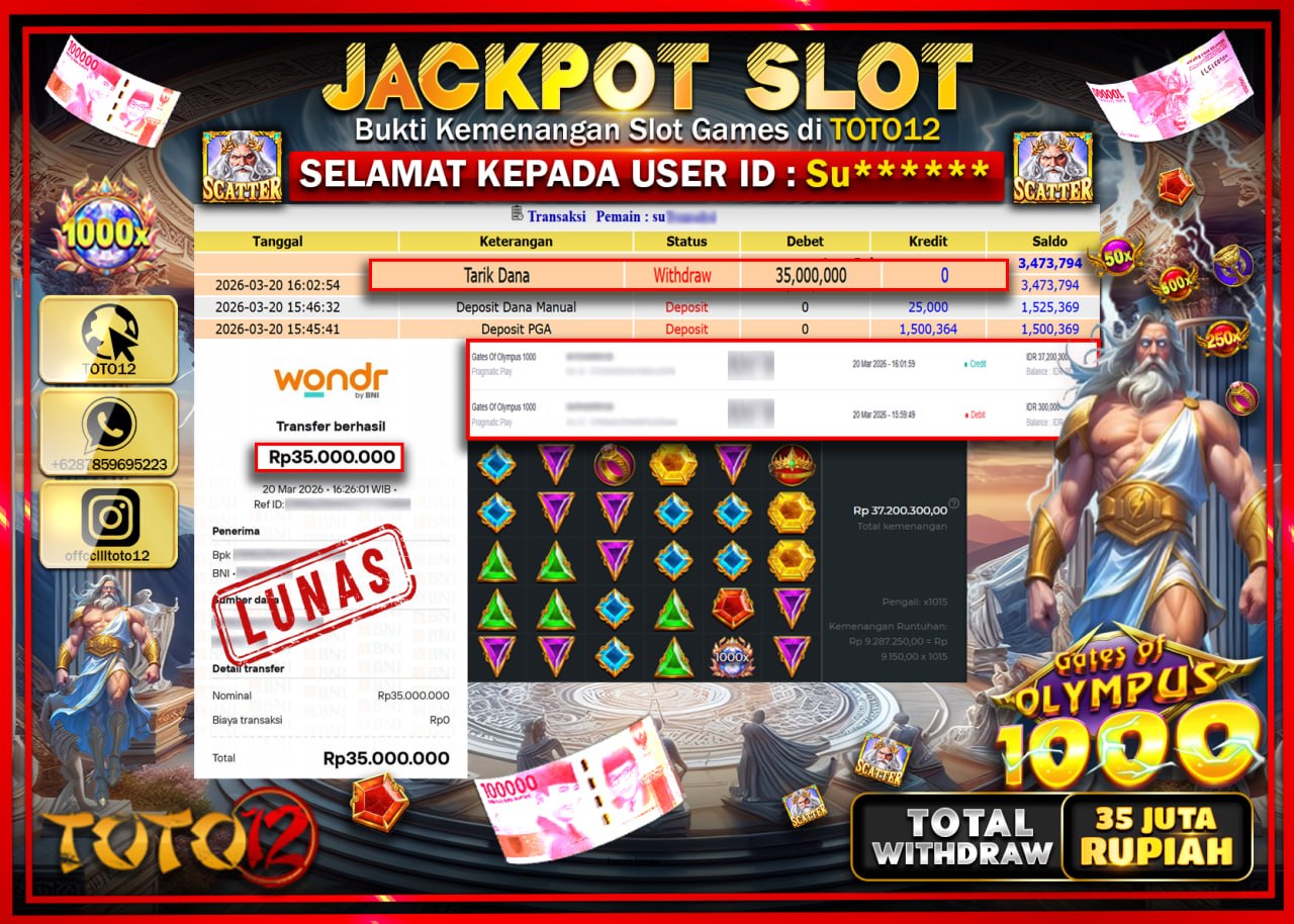 HANYA DI TOTO12 JP PASTI DI BAYAR LUNAS DAN CEPAT!!!!!! JACKPOT SLOT GAME (GATES OF OLYMPUS 1000) Rp.35.000.000!!!!