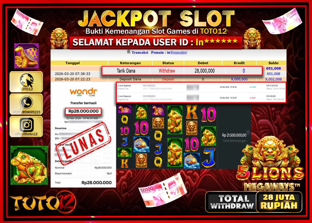 HANYA DI TOTO12 JP PASTI DI BAYAR LUNAS DAN CEPAT!!!!!! JACKPOT SLOT GAME (5 LIONS MEGAWAYS) Rp.28.000.000!!!!