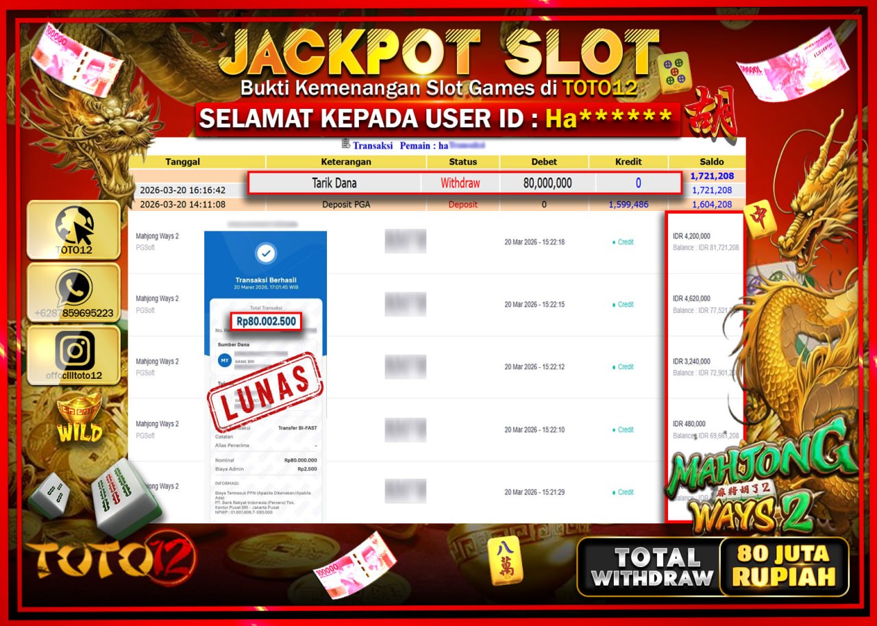 HANYA DI TOTO12 JP PASTI DI BAYAR LUNAS DAN CEPAT!!!!!! JACKPOT SLOT GAME (MAHJONG WAYS 2) Rp.80.000.000!!!!