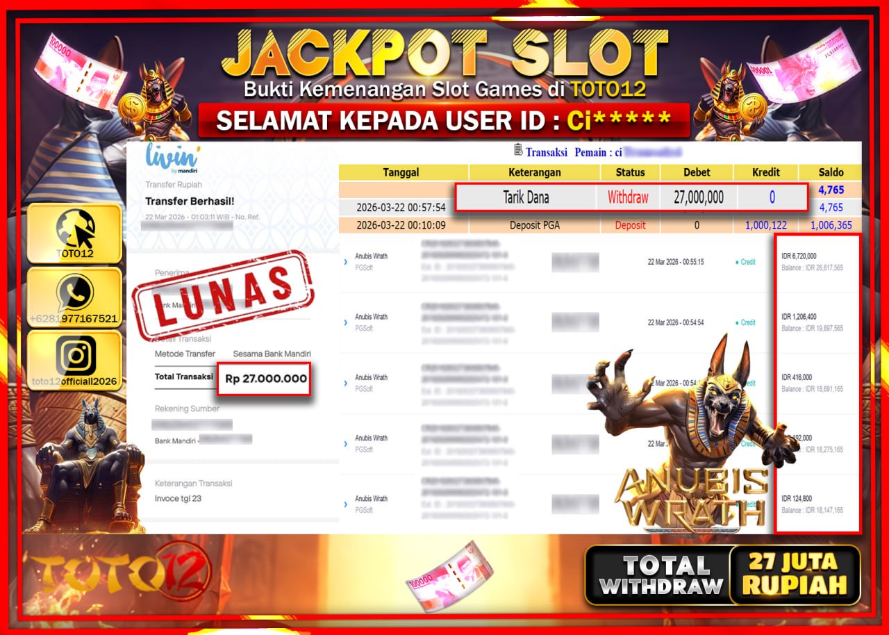 HANYA DI TOTO12 JP PASTI DI BAYAR LUNAS DAN CEPAT!!!!!! JACKPOT SLOT GAME (ANUBIS WRATH) Rp.27.000.000!!!!