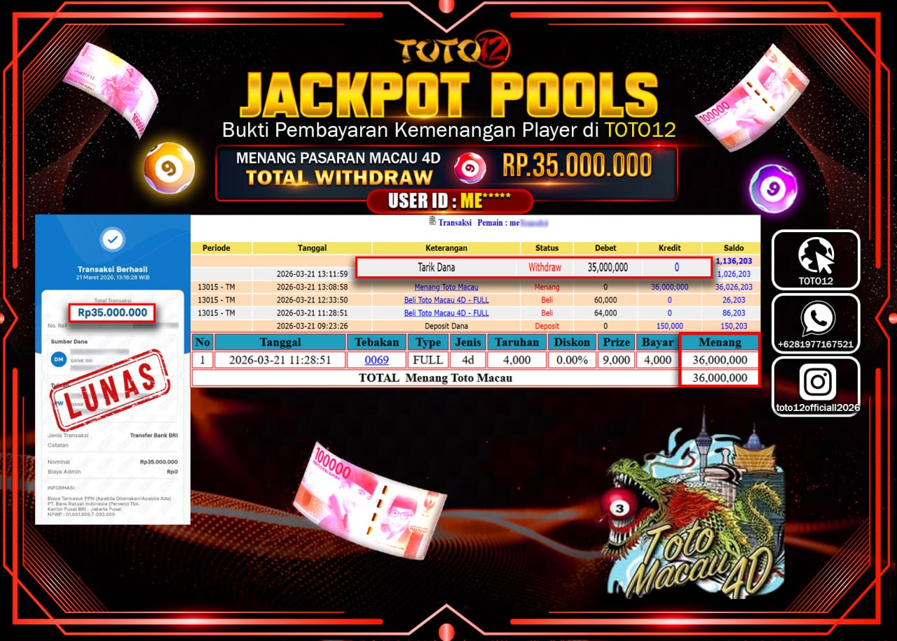 HANYA DI TOTO12 JP PASTI DI BAYAR LUNAS DAN CEPAT!!!!!! JACKPOT POOLS PASARAN (MACAU 4D) Rp.35.000.000!!!!