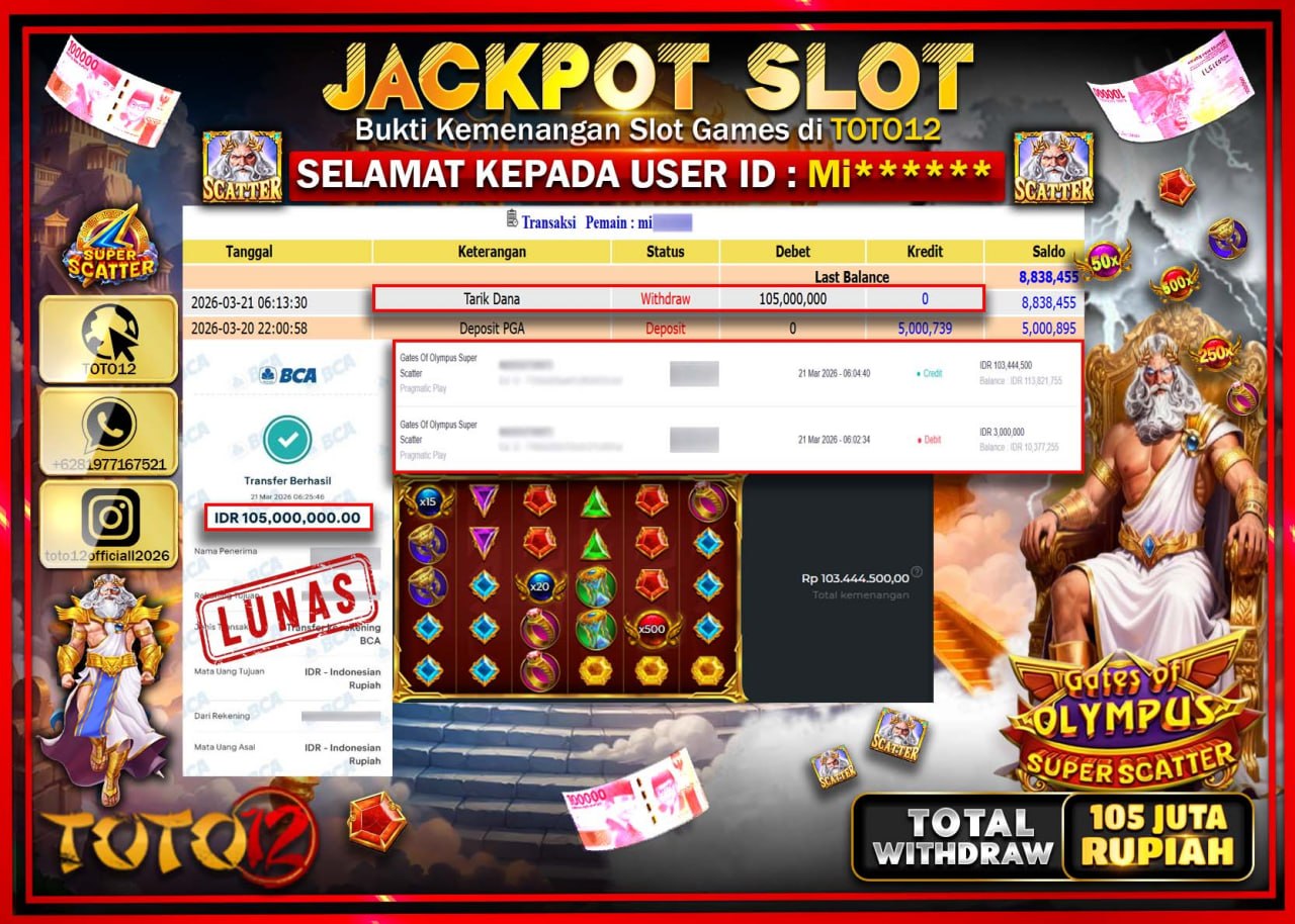 HANYA DI TOTO12 JP PASTI DI BAYAR LUNAS DAN CEPAT!!!!!! JACKPOT SLOT GAME (GATES OF OLYMPUS SUPER SCATTER) Rp.105.000.000!!!!