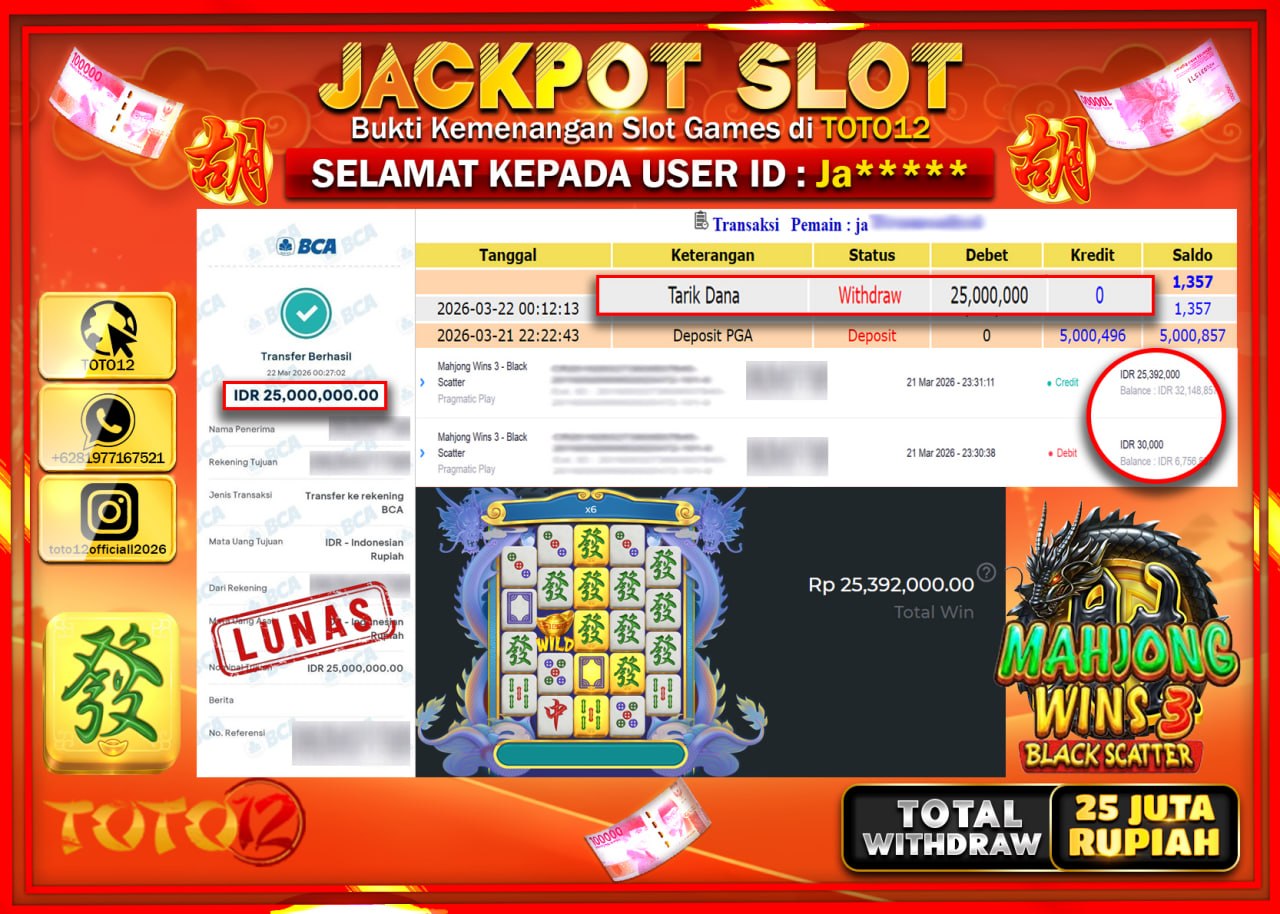 HANYA DI TOTO12 JP PASTI DI BAYAR LUNAS DAN CEPAT!!!!!! JACKPOT SLOT GAME (MAHJONG WINS 3 BLACK SCATTER) Rp.25.000.000!!!!